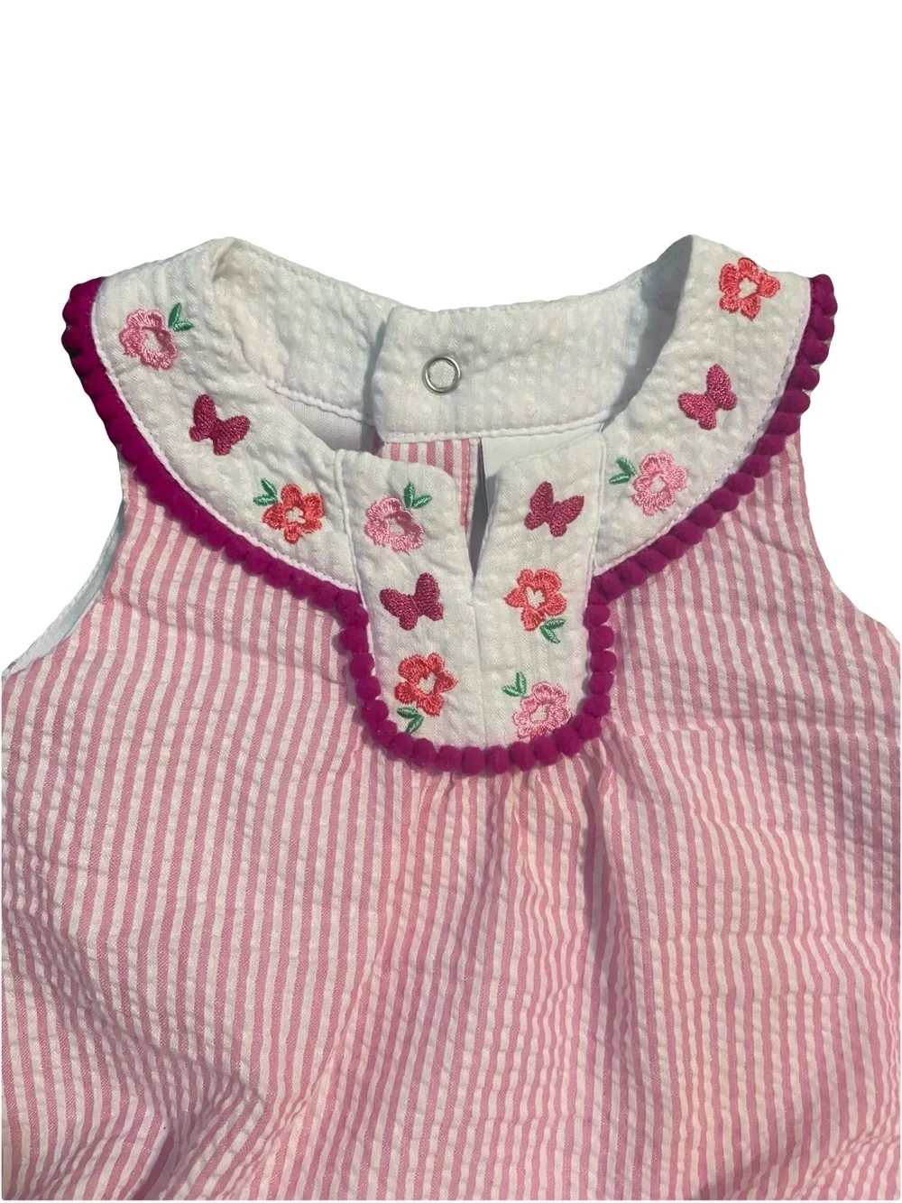 crown & ivy Pink Striped Bubble Romper with Embroidered Collar